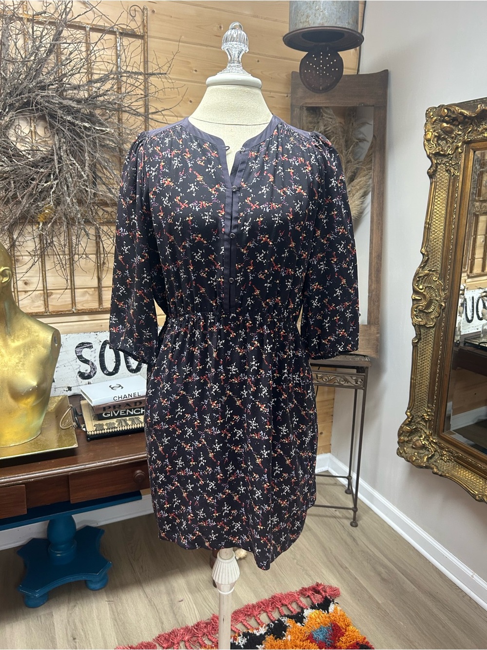 Silk Athé Vanessa Bruno Black Floral Print Midi Dress Boho French Style